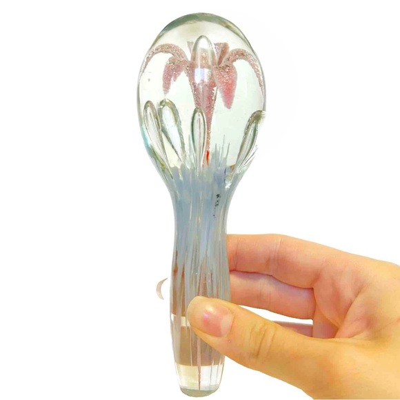 Decorative Blown Art Glass Pink Lily Flower Floral Blue Paperweight Bauble Decor - Picture 3 of 16